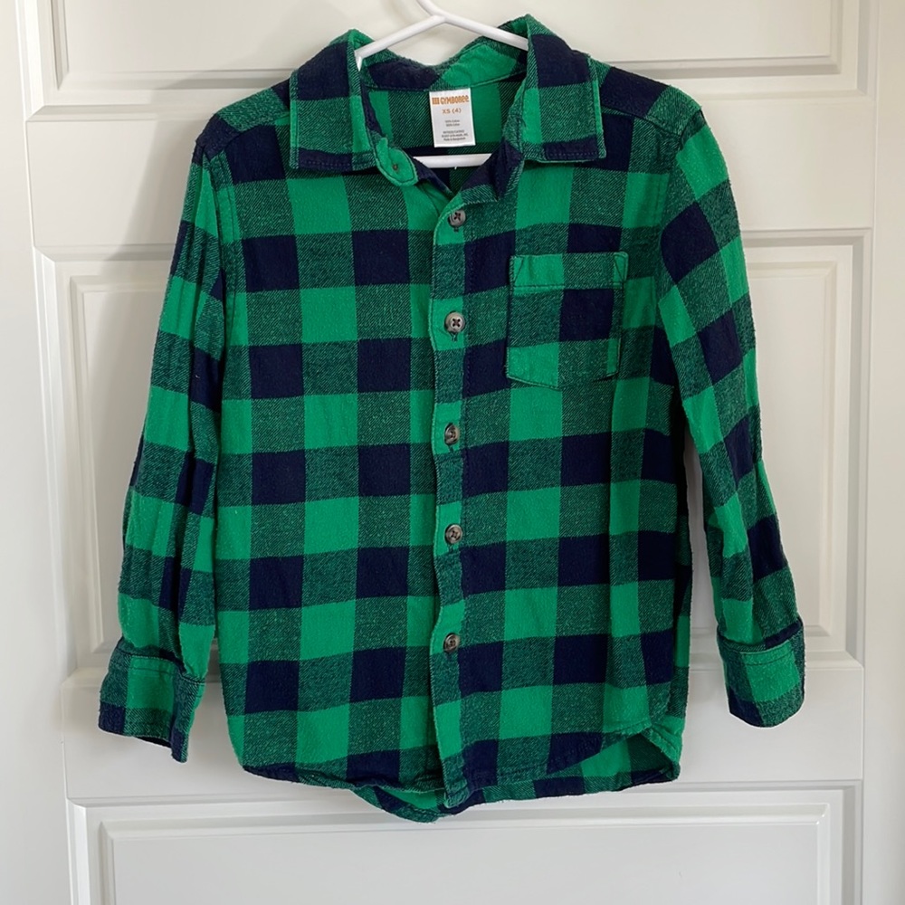 Gymboree Boys Green | Navy Buffalo Plaid Flannel Button Down Long Sleeve XS 4